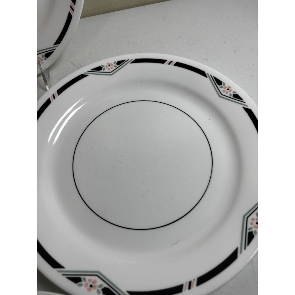 Corelle ZENITH Dinner Plates 10 1/4" White Black Trim Pink Flower Set of 4 - Picture 5 of 8